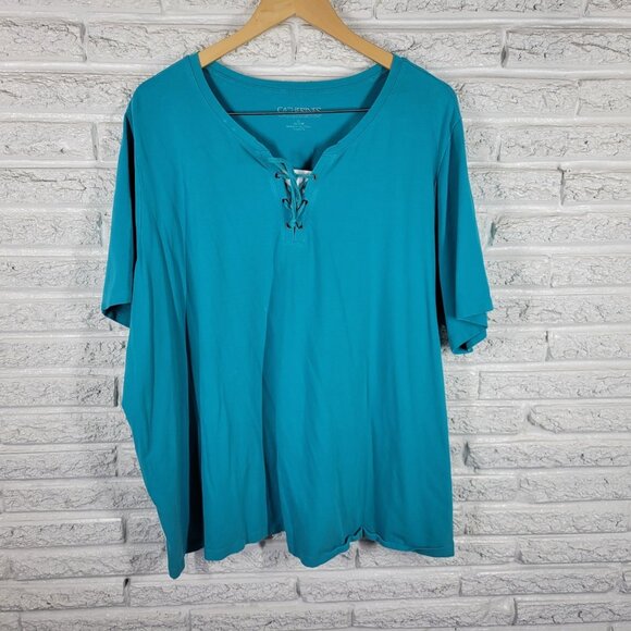 Catherines Tops - Catherines Women Top 3X Plus Tunic Lace Up Short Sleeve Blue BLU228E